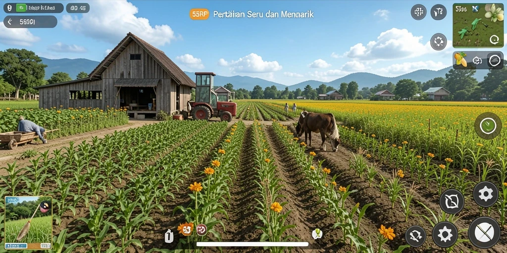 Screenshot gameplay 55RP menunjukkan petualangan pertanian yang menakjubkan.