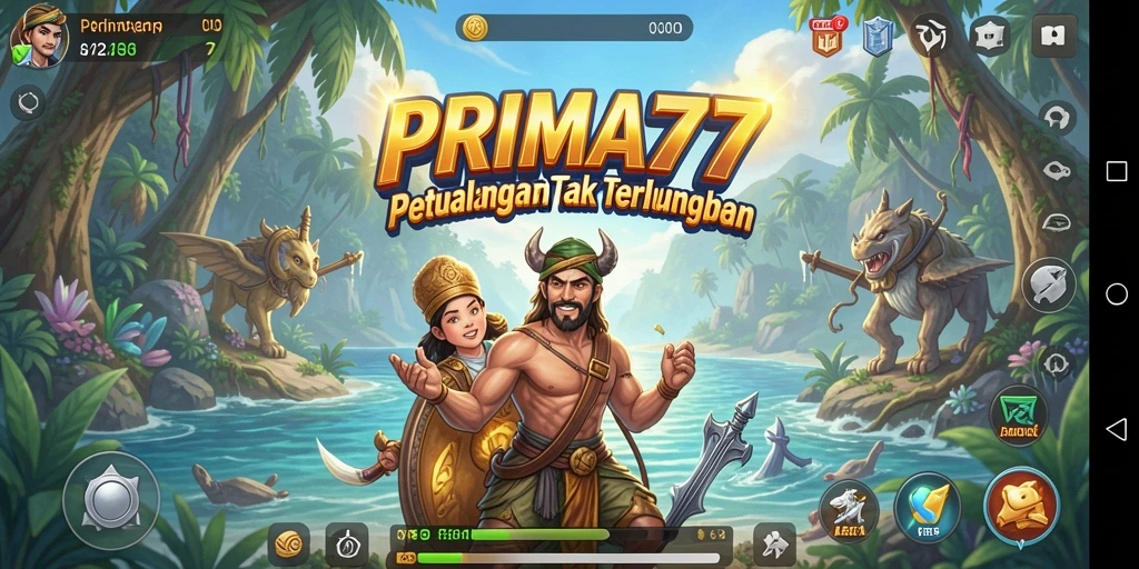 Screenshot utama PRIMA77 menampilkan karakter utama menjelajahi hutan rimbun dan misterius.