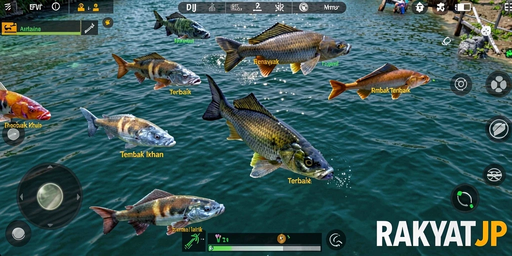 Screenshot RAKYATJP menampilkan aksi seru dalam gameplay Tembak Ikan.