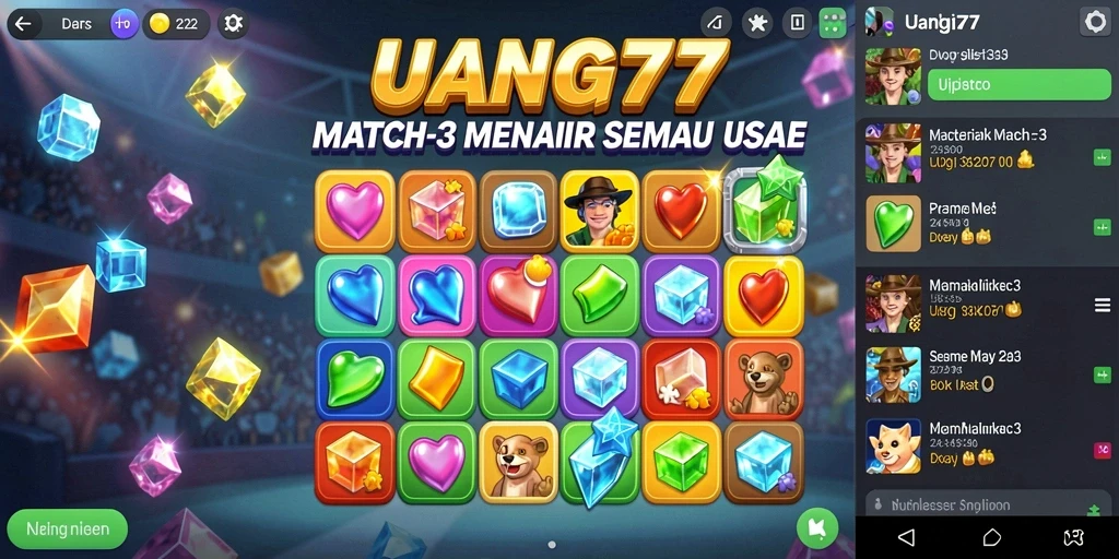 Tampilan gameplay UANG77 dengan warna-warni item yang harus dicocokkan.