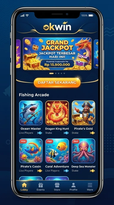Screenshot aplikasi OKwin yang menunjukkan berbagai kategori yang tersedia.